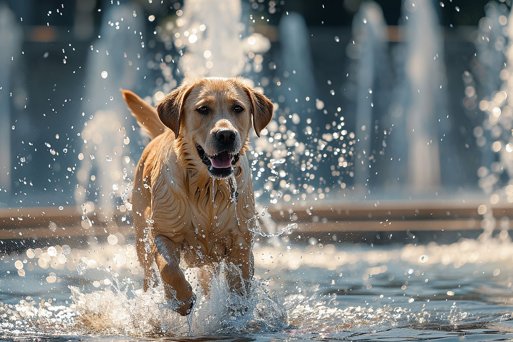 Labrador retriever playing in a fountain, representing active pet health and wellness