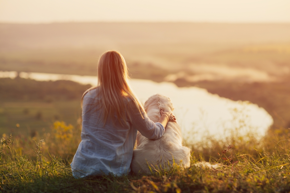 Pet owner sitting with a Golden Retriever, sharing a calm and affectionate moment that highlights the human-animal bond.