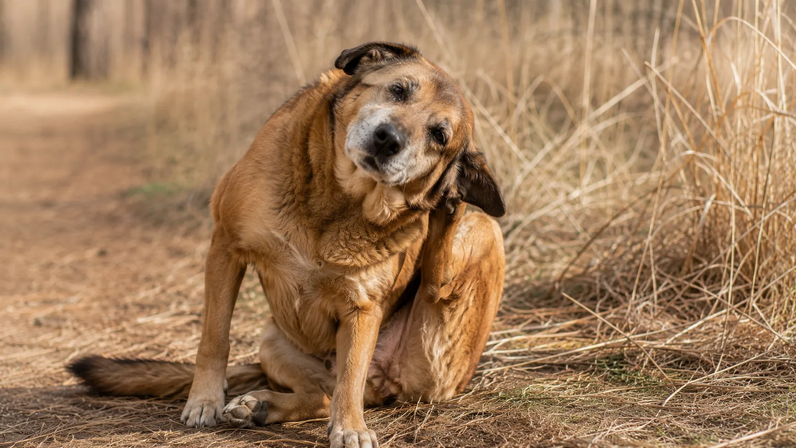 Large brown mutt sitting outdoors near a trail with tall dead grasses, gently licking its paw.