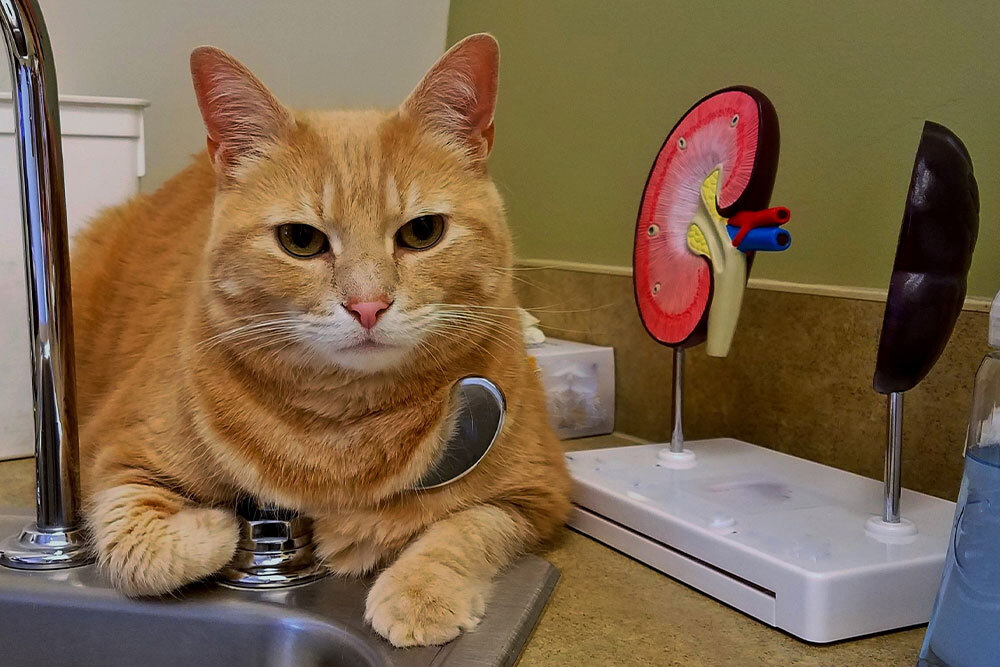 Cat resting calmly in a veterinary clinic during an exam or urgent care visit in Reno, NV