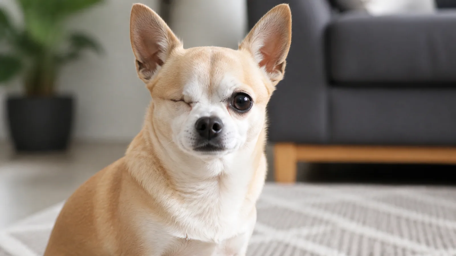 One-eyed Chihuahua sitting indoors in a calm home environment, looking gently toward the camera.